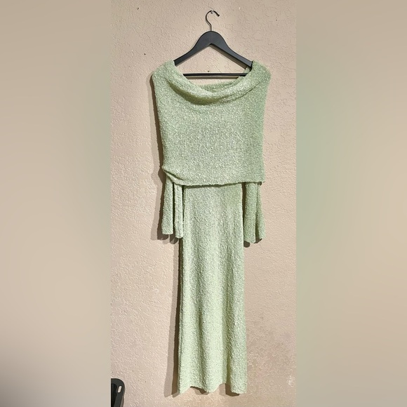 MESHKI | NEW! Marisol Off Shoulder Boucle Maxi Dress - Pastel Sage Green - Picture 5 of 5